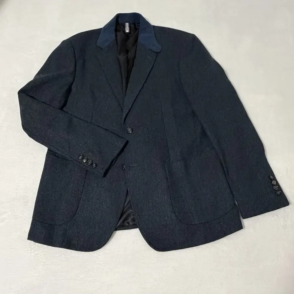 PJ PAUL JONES Mens Herringbone Blazer Vintage Sport Coat Jacket Blue Size Large